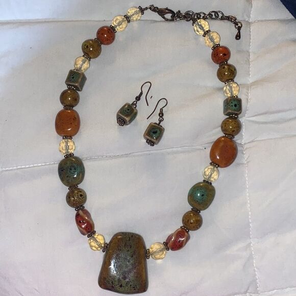 Red Creek Jasper Rounded Earth Tones Unique Pendant Necklace & Earrings Set - Picture 3 of 11